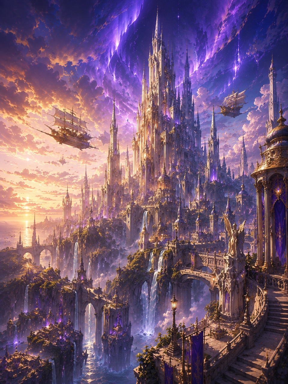 A fantasy city at golden hour — painterly JRPG concept art.